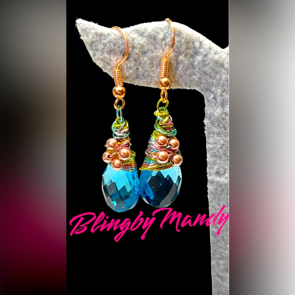 Beautiful blue briolette shape beads in wire wrapped style in multi colored wire